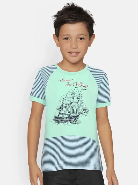 Aqua Sailboat Printed Round Neck Cotton T-shirt - Ladore