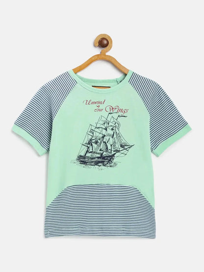 Aqua Sailboat Printed Round Neck Cotton T-shirt - Ladore