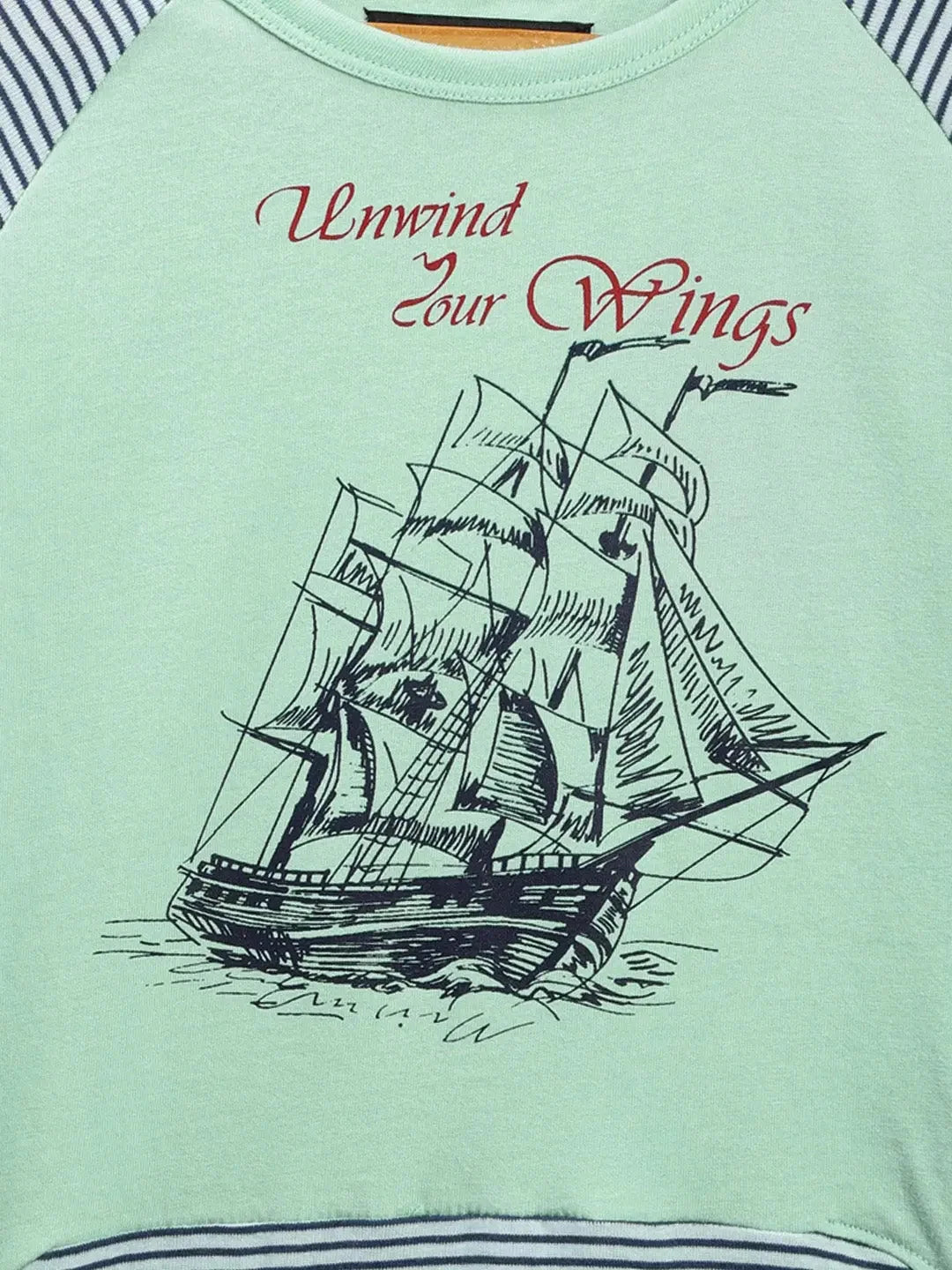 Aqua Sailboat Printed Round Neck Cotton T-shirt - Ladore