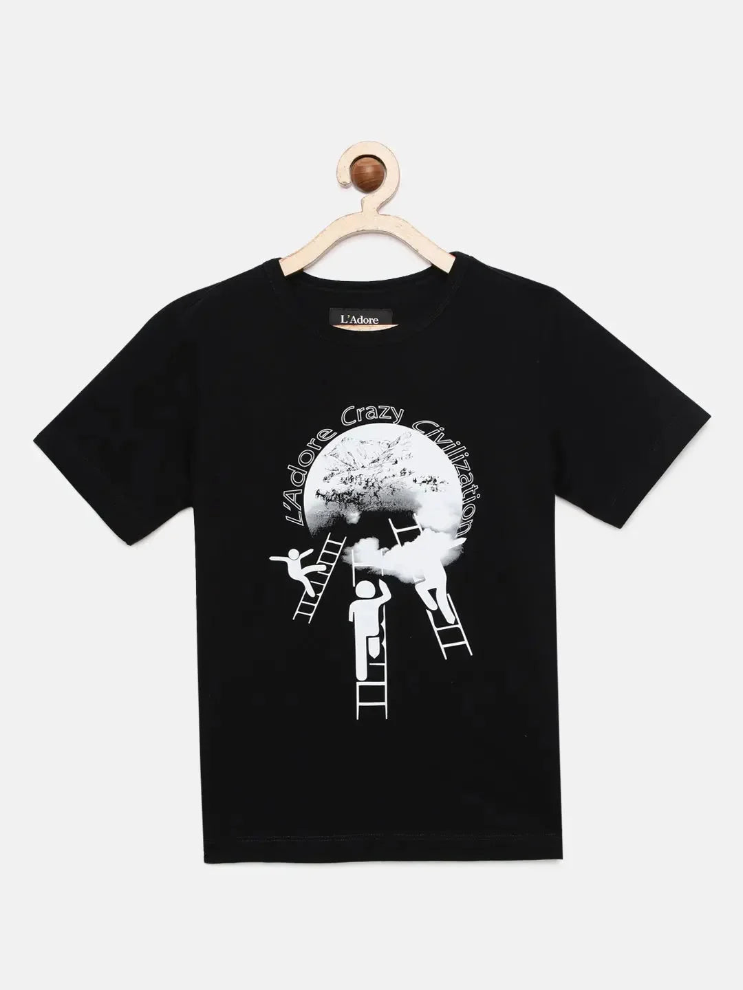 Black Printed Round Neck Cotton T-shirt - Ladore