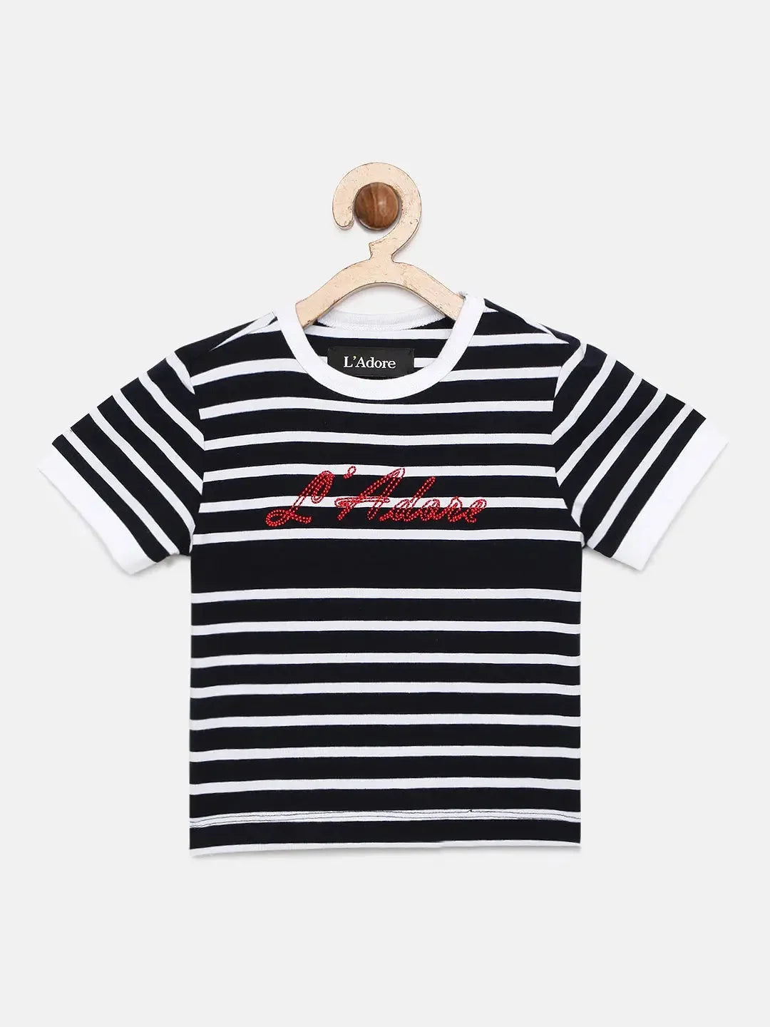 Black Striped Round Neck Cotton T-shirt - Ladore