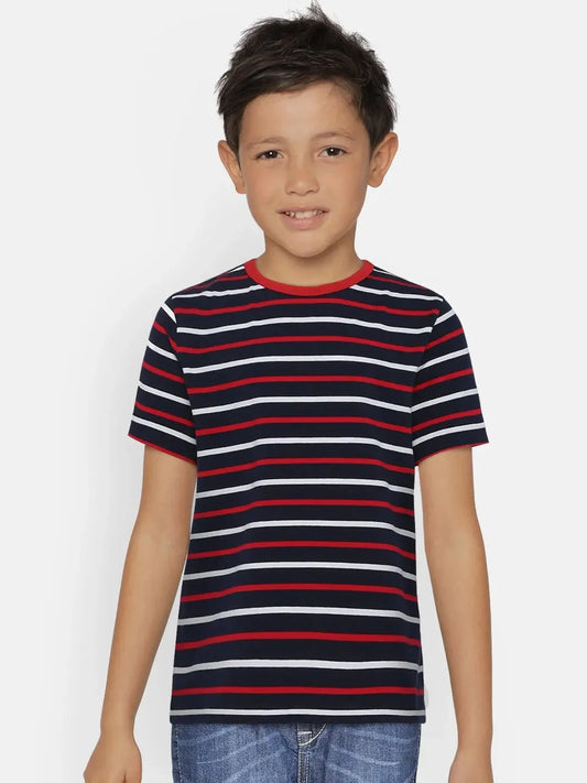 Blue Striped Round Neck Cotton T-shirt - Ladore