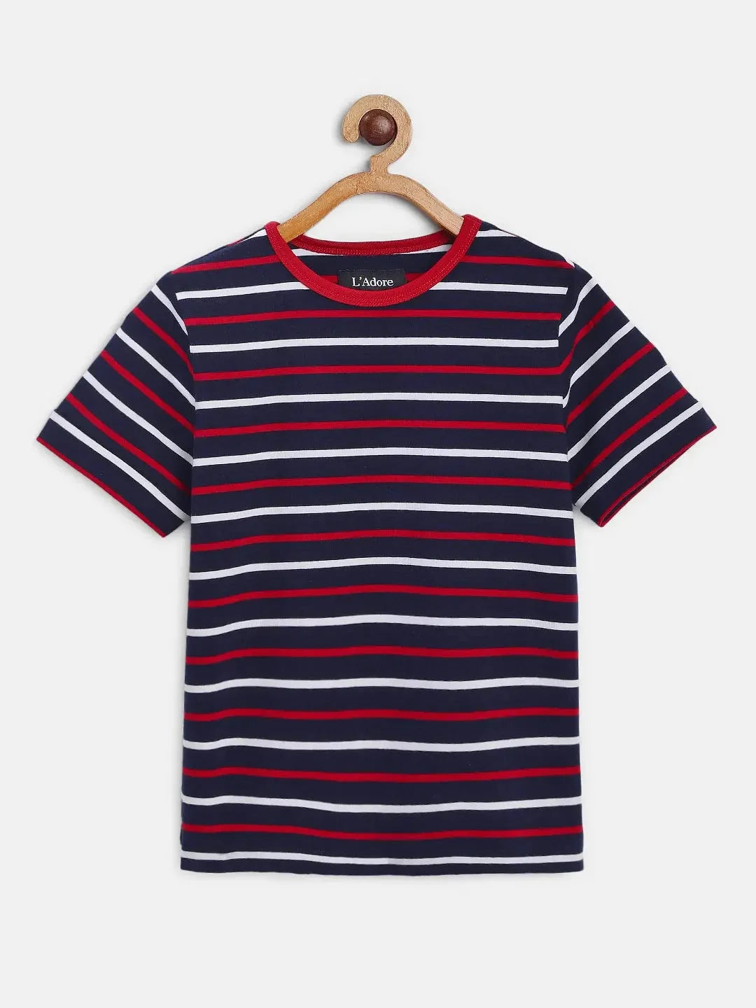 Blue Striped Round Neck Cotton T-shirt - Ladore