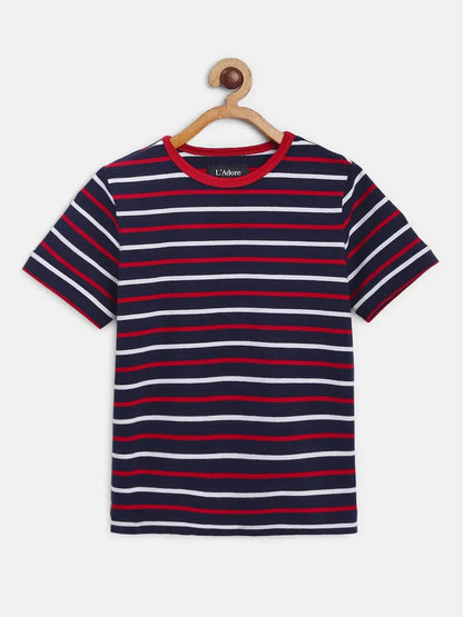 Blue Striped Round Neck Cotton T-shirt - Ladore