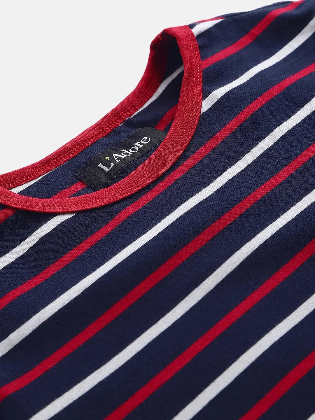 Blue Striped Round Neck Cotton T-shirt - Ladore