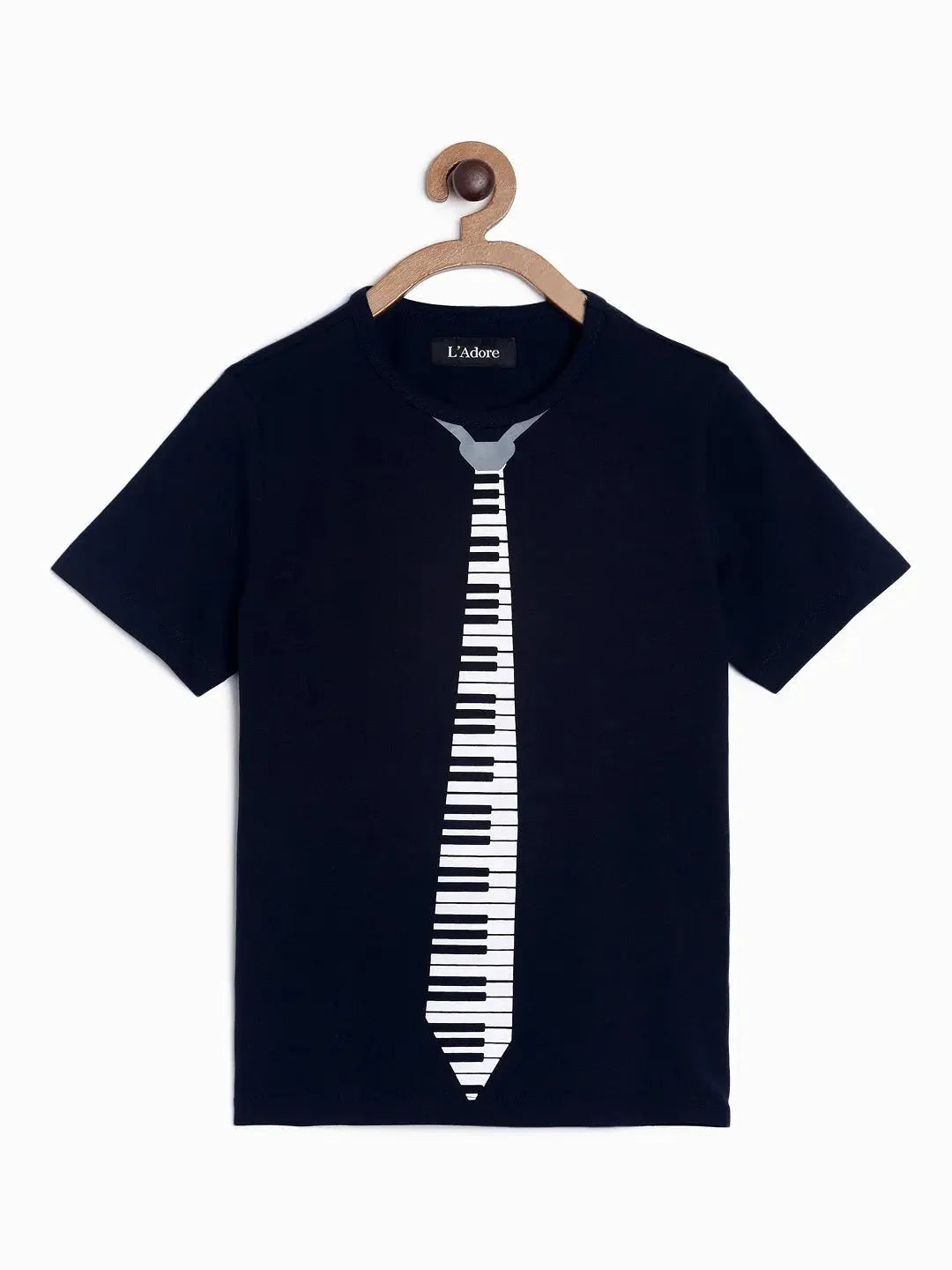 Boys Black Tie Printed Round Neck Cotton T-shirt - Ladore