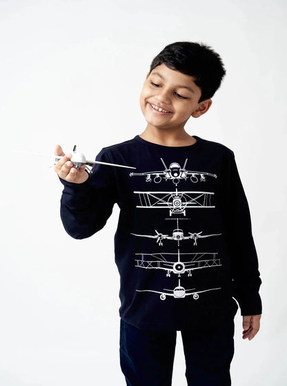 Boys Blue Aeroplane Full Sleeves Cotton T-shirt - Ladore