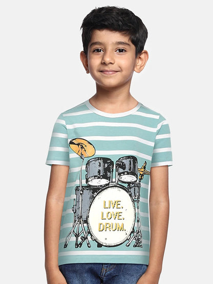 Boys Blue Drums Half Sleeves Party Wear Round Neck Cotton Tshirt - Ladore