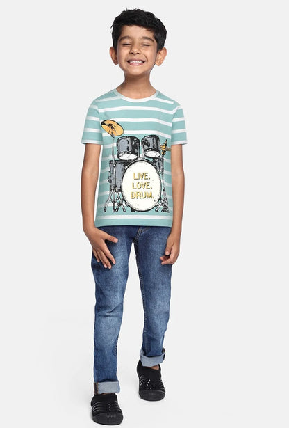 Boys Blue Drums Half Sleeves Party Wear Round Neck Cotton Tshirt - Ladore