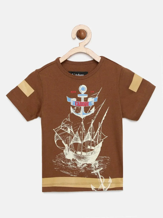 Boys Brown Sailboat Printed Round Neck Cotton T-shirt - Ladore