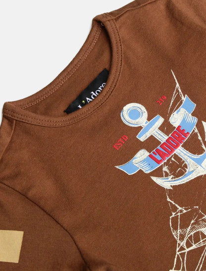 Boys Brown Sailboat Printed Round Neck Cotton T-shirt - Ladore