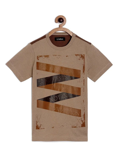 Boys Brown Zig Zag Printed Round Neck Cotton T-shirt - Ladore