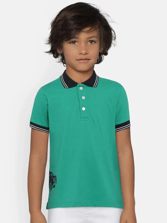 Boys Green Car Print Polo Cotton T-shirt - Ladore