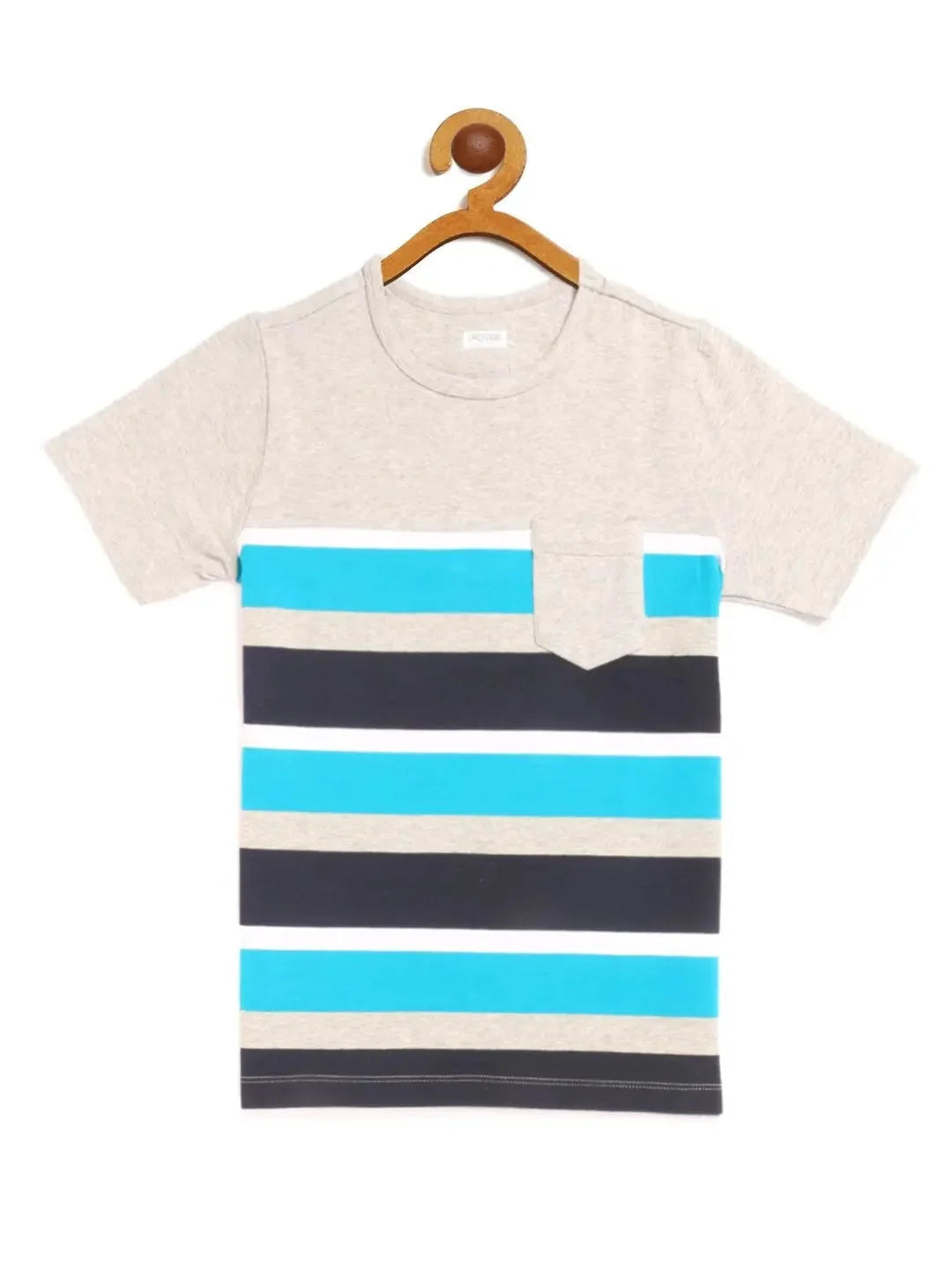 Boys Grey Half Sleeves Striper Cotton T-shirt - Ladore