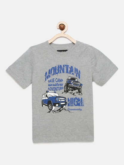 Boys Grey Heather Car Printed Round Neck Cotton T-shirt - Ladore