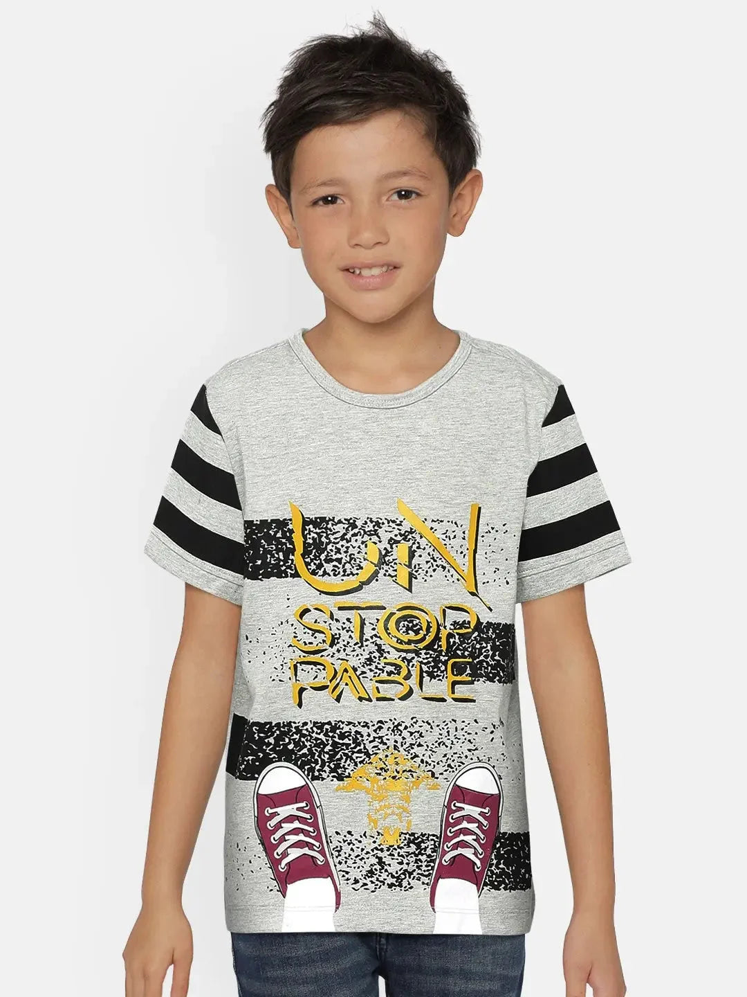 Boys Grey Heather Unstoppable Printed Round Neck Cotton T-shirt - Ladore