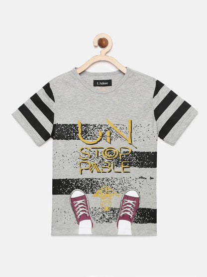 Boys Grey Heather Unstoppable Printed Round Neck Cotton T-shirt - Ladore