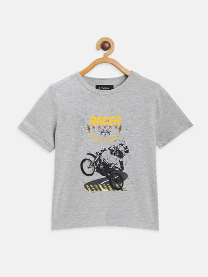 Boys Grey Racer Printed Round Neck Organic Cotton T-shirt - Ladore