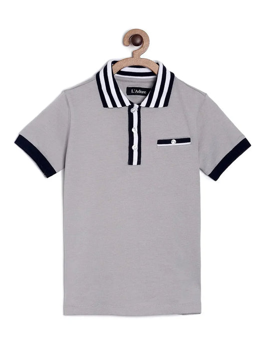 Boys Grey Solid Polo Cotton T-shirt - Ladore