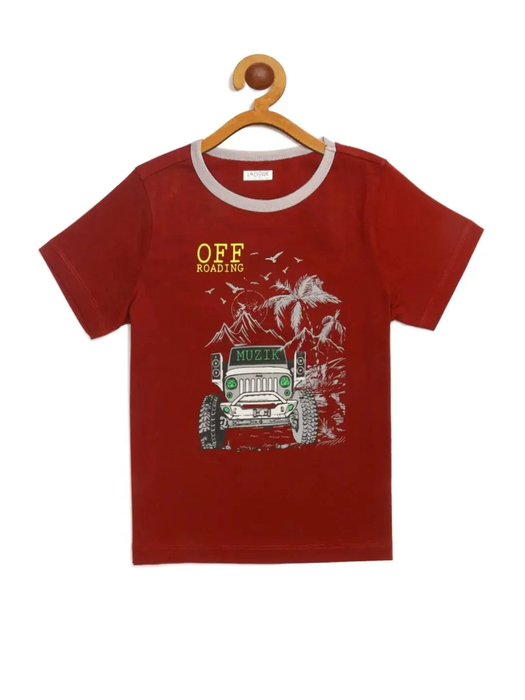 Boys Maroon Half Sleeves Vehicle Print Cotton T-shirt - Ladore