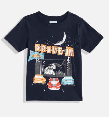 Boys Navy Blue Car Drive Printed Round Neck Cotton Tshirt - Ladore