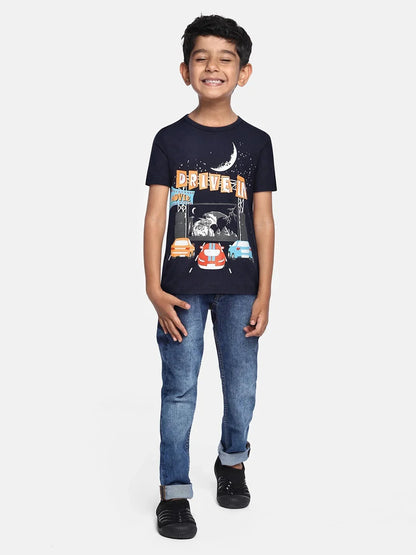 Boys Navy Blue Car Drive Printed Round Neck Cotton Tshirt - Ladore