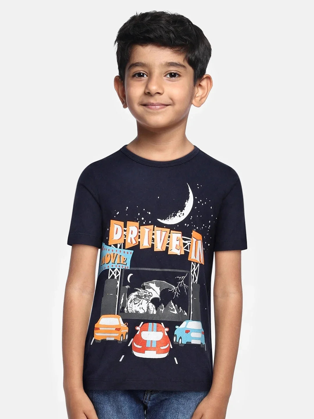 Boys Navy Blue Car Drive Printed Round Neck Cotton Tshirt - Ladore