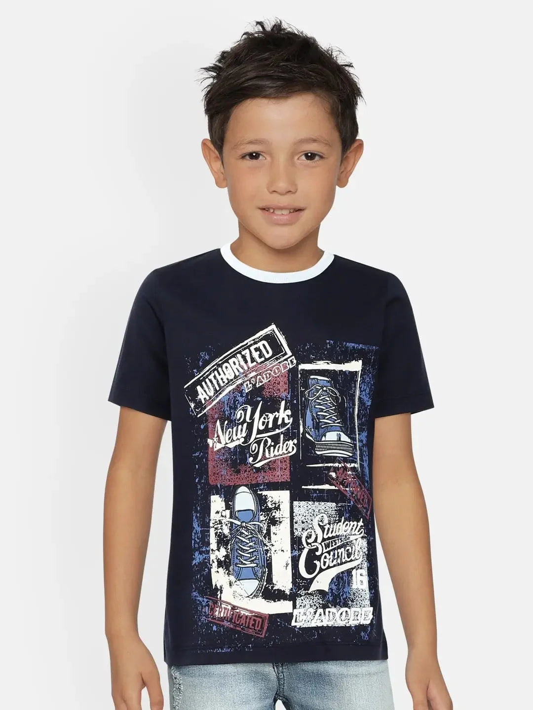 Boys Navy Blue Printed Mercerised Cotton T-shirt - Ladore