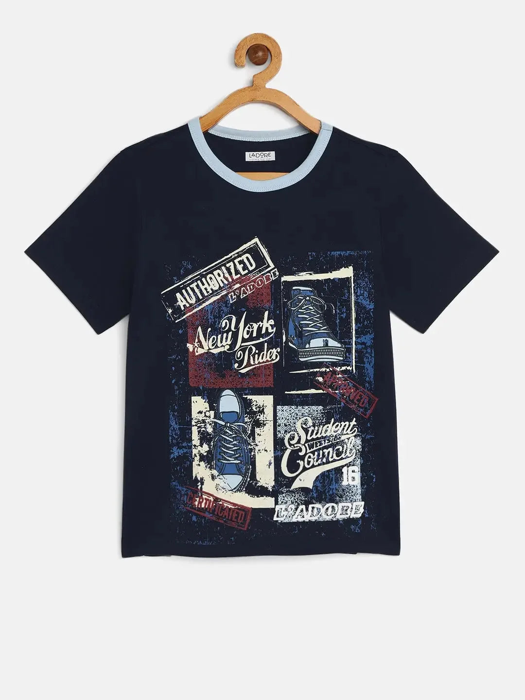 Boys Navy Blue Printed Mercerised Cotton T-shirt - Ladore