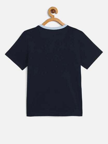 Boys Navy Blue Printed Mercerised Cotton T-shirt - Ladore