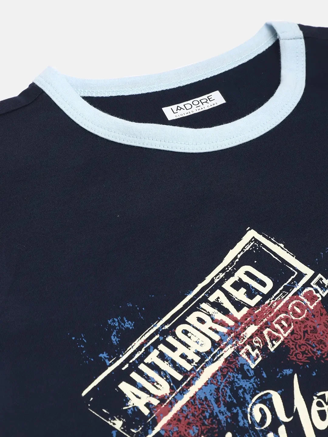 Boys Navy Blue Printed Mercerised Cotton T-shirt - Ladore