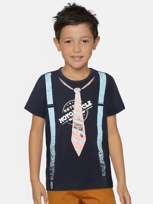 Boys Navy Blue Tie Printed Round Neck Cotton T-shirt - Ladore