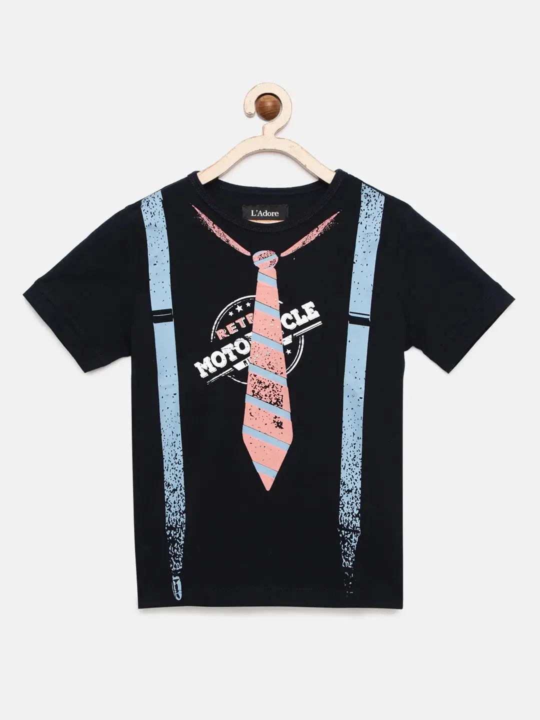 Boys Navy Blue Tie Printed Round Neck Cotton T-shirt - Ladore