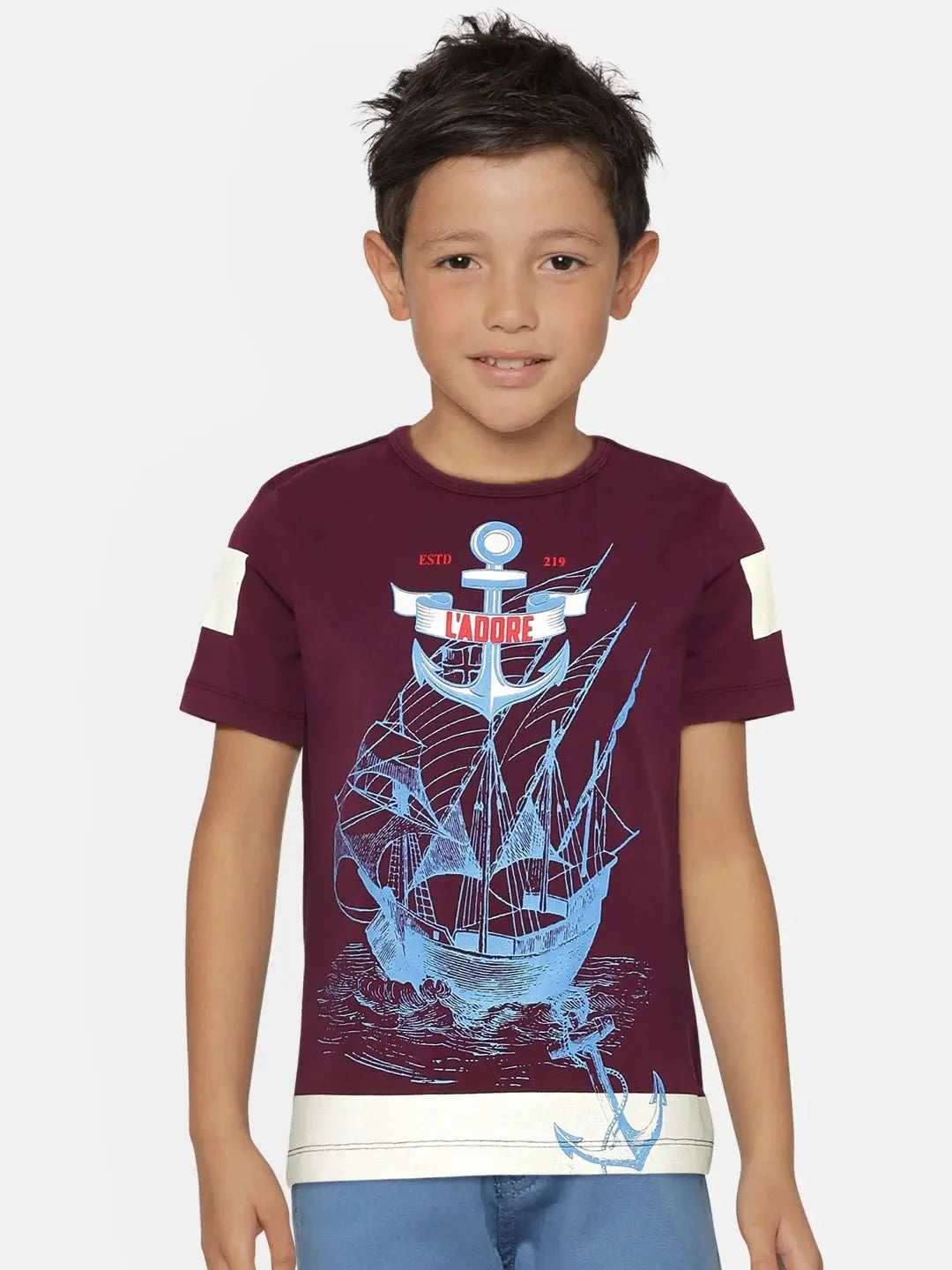 Boys Purple Sailboat Printed Round Neck Cotton T-shirt - Ladore