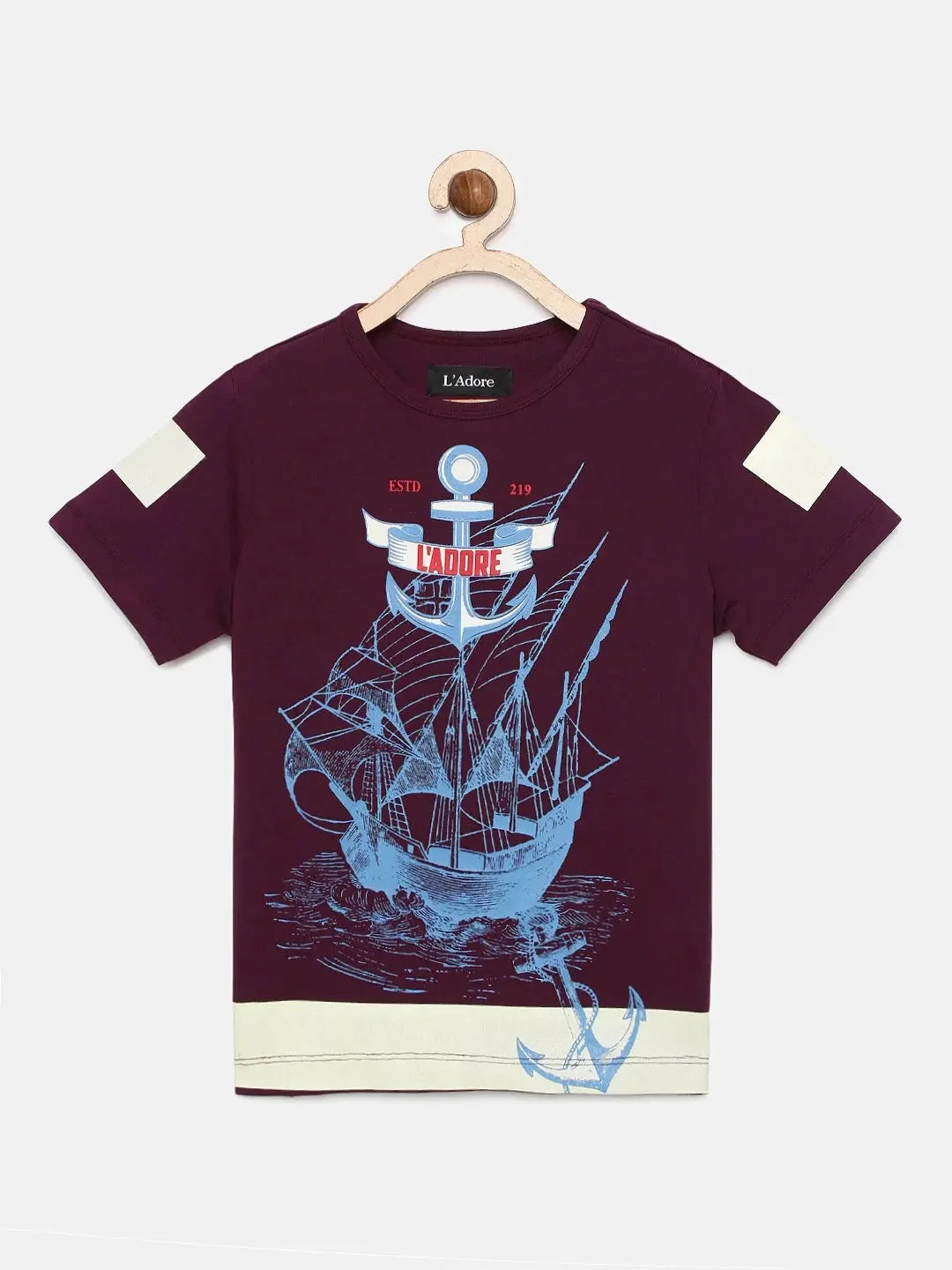 Boys Purple Sailboat Printed Round Neck Cotton T-shirt - Ladore