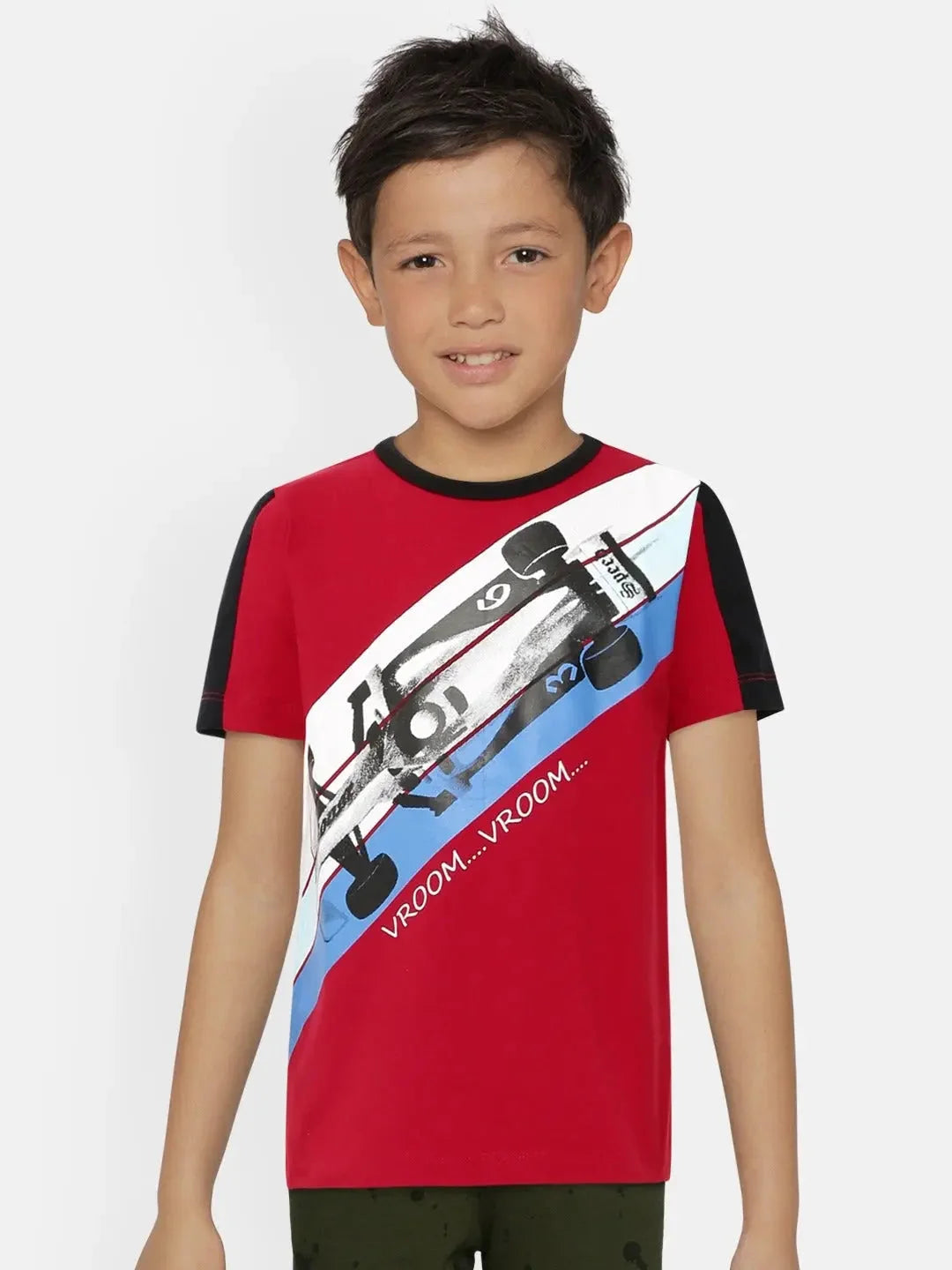 Boys Red Racing Car Print Half Sleeves Cotton T-shirt - Ladore