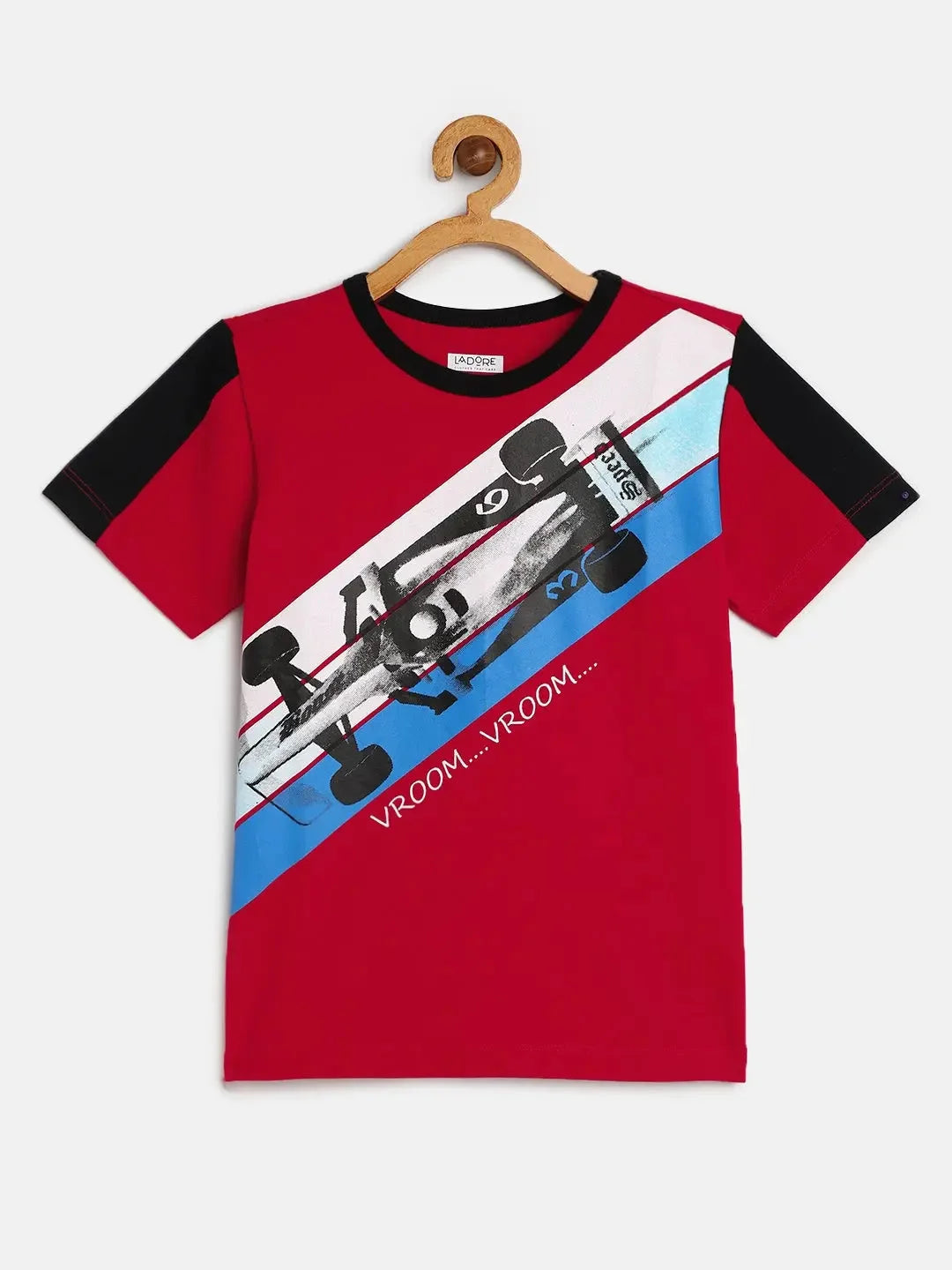 Boys Red Racing Car Print Half Sleeves Cotton T-shirt - Ladore