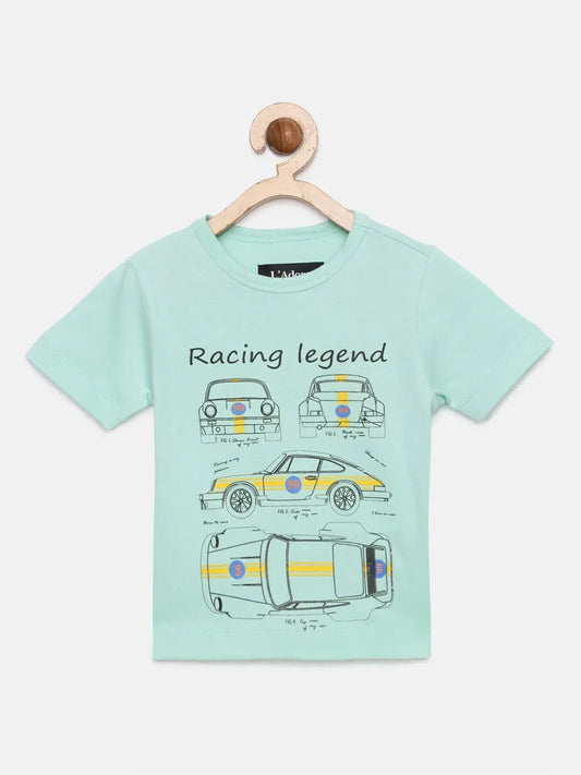 Boys Sea Green Car Printed Round Neck Cotton T-shirt - Ladore