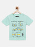 Boys Sea Green Car Printed Round Neck Cotton T-shirt