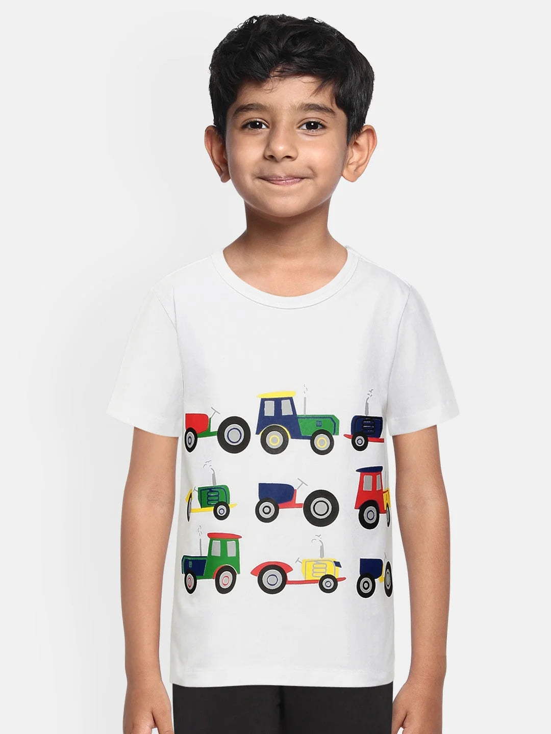 Boys White Half Sleeves Tractor Print Cotton T-shirt - Ladore