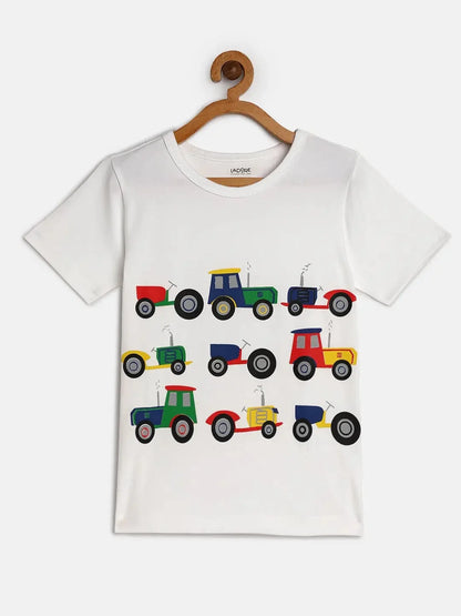 Boys White Half Sleeves Tractor Print Cotton T-shirt - Ladore