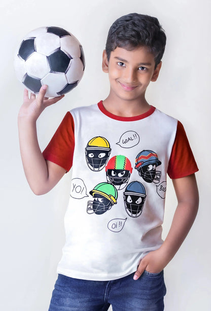 Boys White Sports Helmet Printed Half Sleeves Cotton Tshirt - Ladore