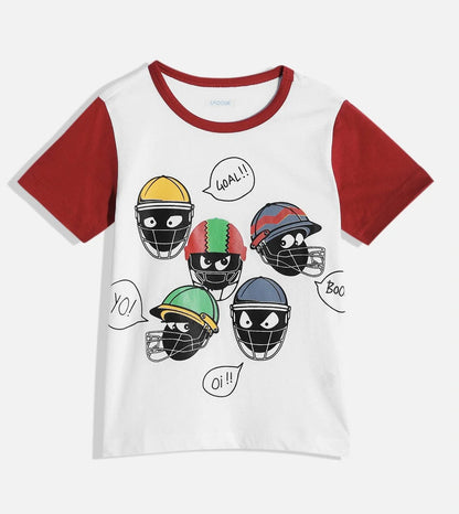 Boys White Sports Helmet Printed Half Sleeves Cotton Tshirt - Ladore