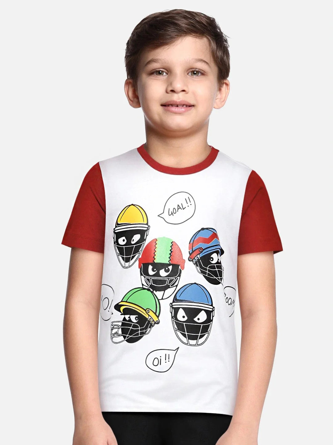 Boys White Sports Helmet Printed Half Sleeves Cotton Tshirt - Ladore