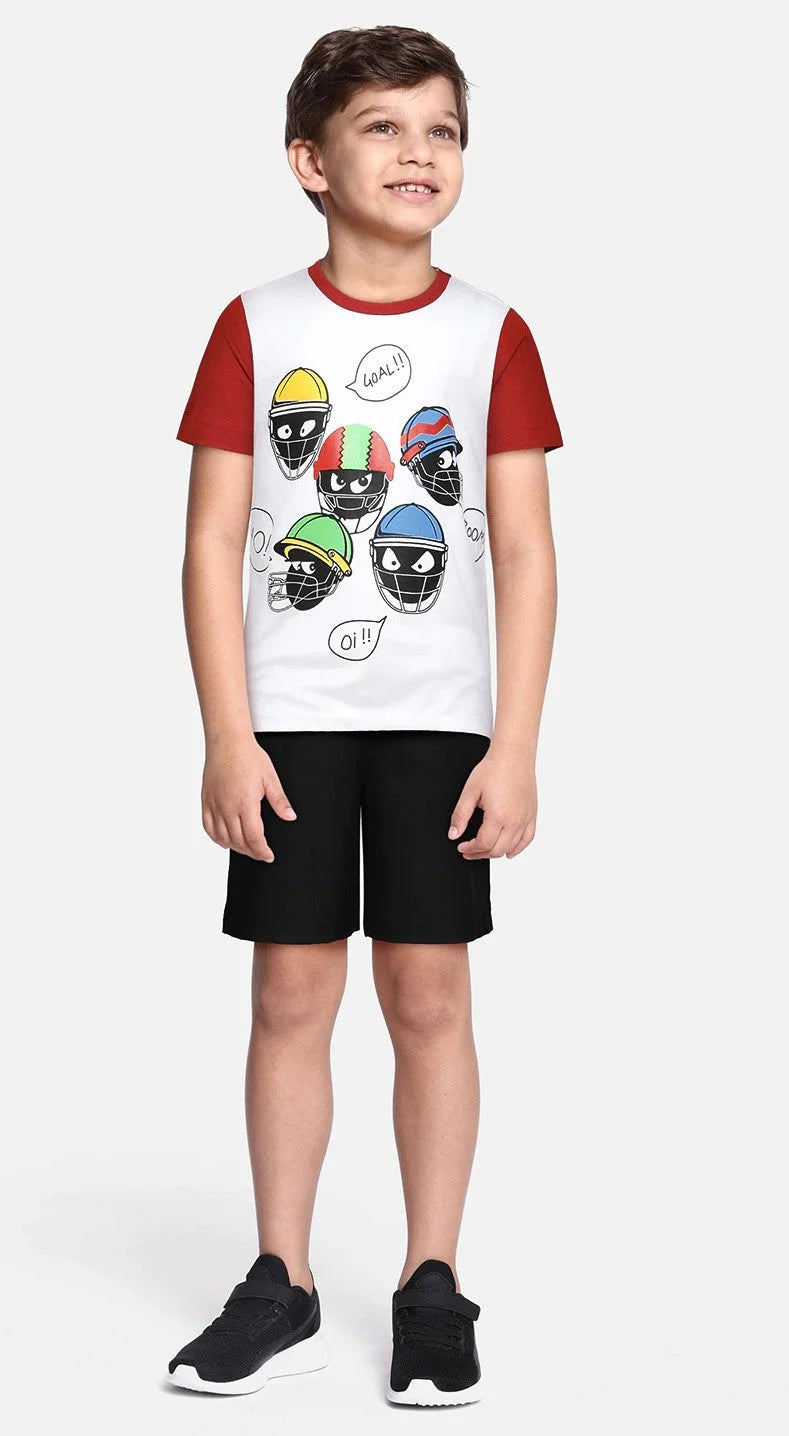 Boys White Sports Helmet Printed Half Sleeves Cotton Tshirt - Ladore