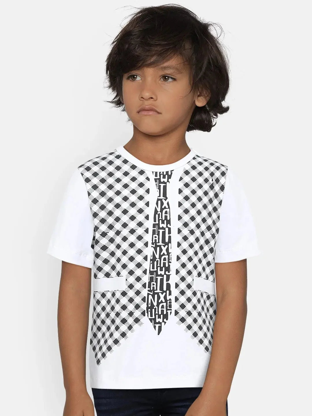 Boys White Waistcoat Printed Round Neck Cotton T-shirt - Ladore