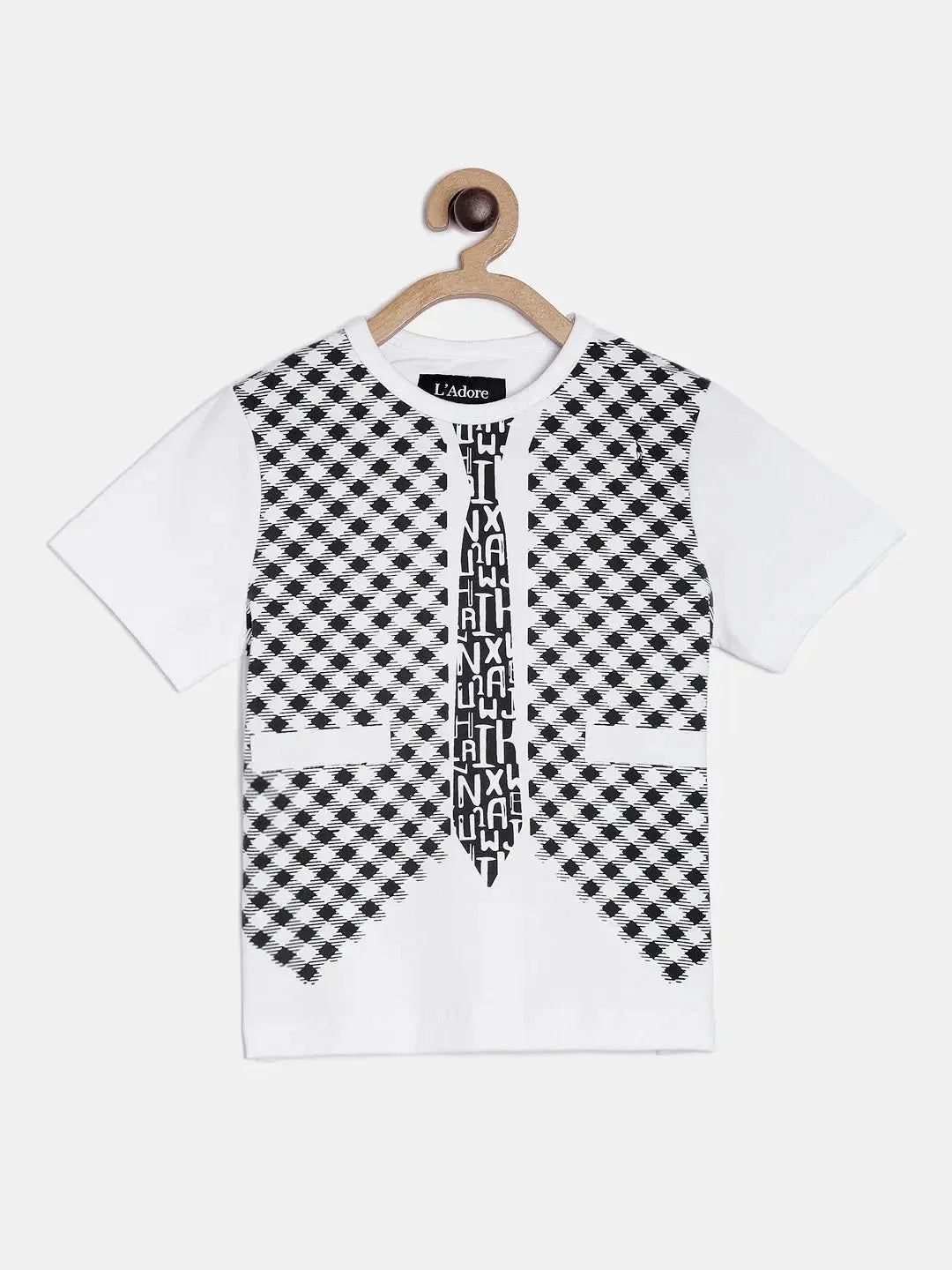 Boys White Waistcoat Printed Round Neck Cotton T-shirt - Ladore