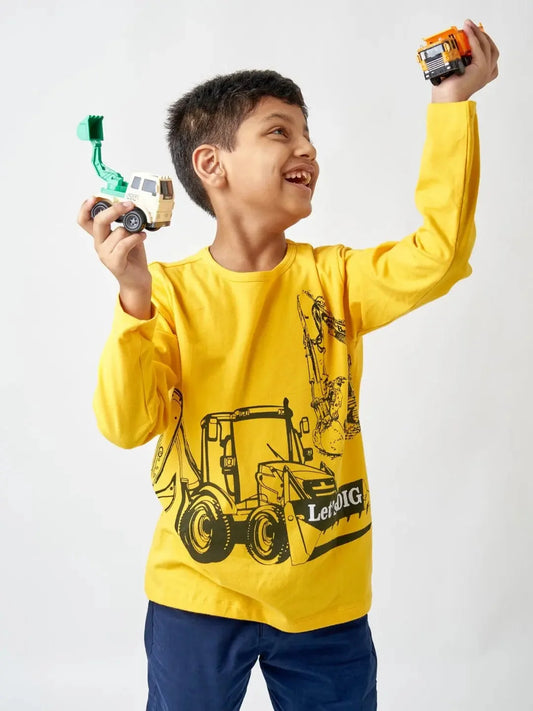 Boys Yellow Construction Vehicles Full Sleeves Cotton T-shirt - Ladore