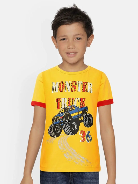 Boys Yellow Round Neck Car Print Cotton T-shirt - Ladore