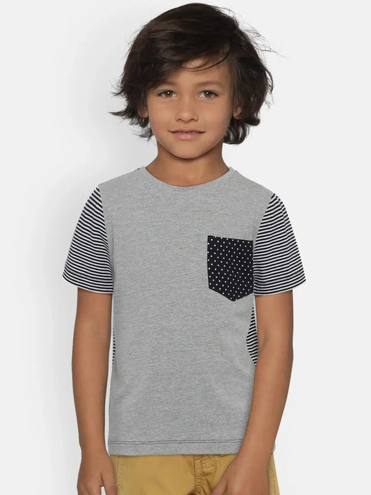 Grey Colourblock Round Neck Cotton T-shirt - Ladore